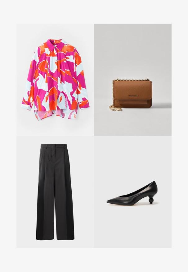 Gombos ing, színes absztrakt mintával rózsaszín, narancs és világoskék színekben. Simogatós anyagból készült, gallérral és hosszú ujjakkal.; Fekete, bő szárú nadrág magas derékkal, elöl plissékkel, sima felülettel és igényes kidolgozással. Kényelmes viseletre tervezve.; Fekete bőr magassarkú cipő, hegyes orral és kerek, gömbölyű sarokkal. Simább textúrával, elegáns, minimalista dizájnnal.; Barna textúrájú bőr keresztbody táska arany lánc pánttal és fedélzárral. Az elején logó részlet és egy zseb található a fedél alatt.
