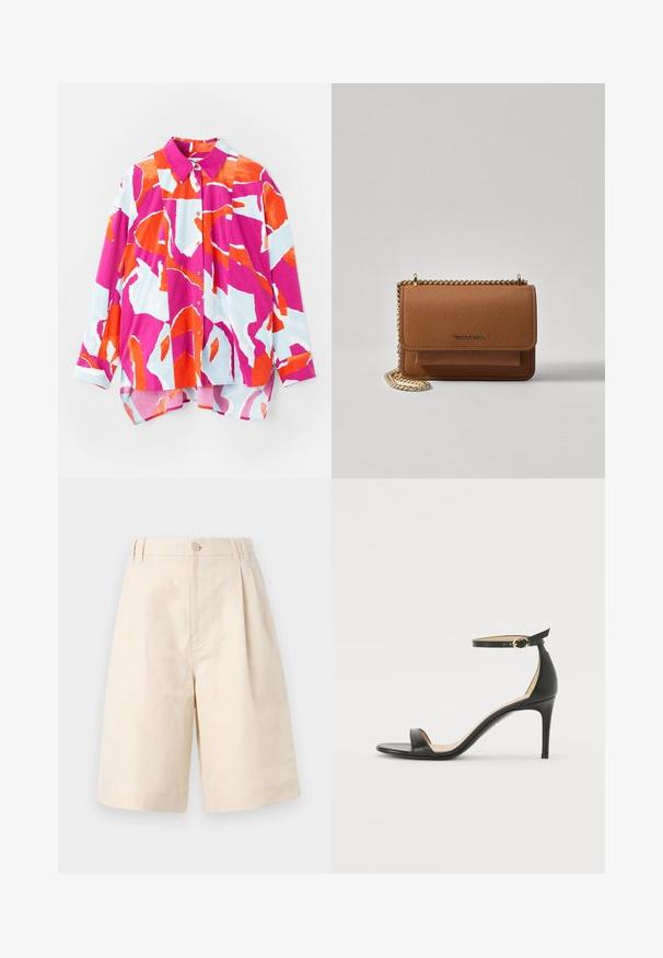 Knapp-skjorte med et farverigt abstrakt mønster i pink, orange og lyseblå. Fremstillet af glat stof med krave og lange ærmer.; Beige linned shorts med en afslappet pasform, med knaplukning, plisseret design og knælang længde. Glat tekstur og enkel stil.; Sort læder højhælede sandaler med ankelrem. Har en glat tekstur, åben tå og en tynd hæl. Guldtonet spænde detalje.; Brun tekstureret læder crossover-taske med guldkæde-rem og klaplukning. Forsiden har logo-detalje og en lomme under klappen.