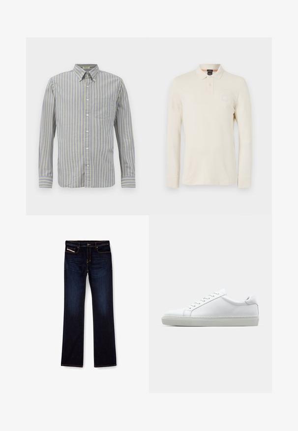 Kék szövetből készült, vékony sárga csíkos ing, gallérral, hosszú ujjakra és mellzsebbel. Fehér gombokkal van befejezve.; Hosszú ujjú pólóing világos bézs színben, sima anyagból készült, polo gallérral, kétgombos gombolással és egy kis logóval a mellrészen.; Sötétkék farmernadrág egyenes lábbal, narancssárga varrással, cipzáras sliccsel és elülső zsebekkel. Simább tapintású és standard derékkal rendelkezik.; Fehér sportcipő sima bőr felső résszel és alacsony profilsal. Kerek orr, hat fűzőlyuk és barázdált gumitalp jellemzi.