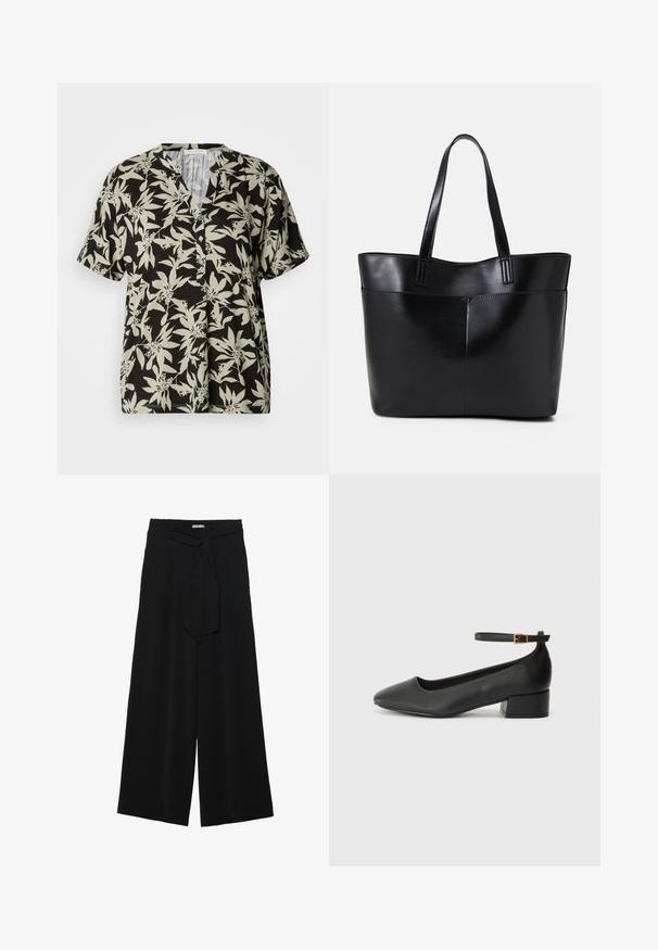 Kortarmig shirt in zwart met lichtgroen bloemenpatroon, V-hals en knoopdetail. Gemaakt van zachte stof met een relaxte pasvorm.; Zwarte wijde broek van textuurstof, met een elastische tailleband en een afneembare sjaalstrik in de taille voor een verstelbare pasvorm.; Zwarte leren pump met een spitse neus en een lage blokhak. Beschikt over een enkelband met een goudkleurige gespsluiting. Gladde textuur.; Zwarte leren tote bag met twee lange handvatten, een zachte textuur en een gestructureerde vorm. Voorzien van een voorvak voor extra opslagruimte.