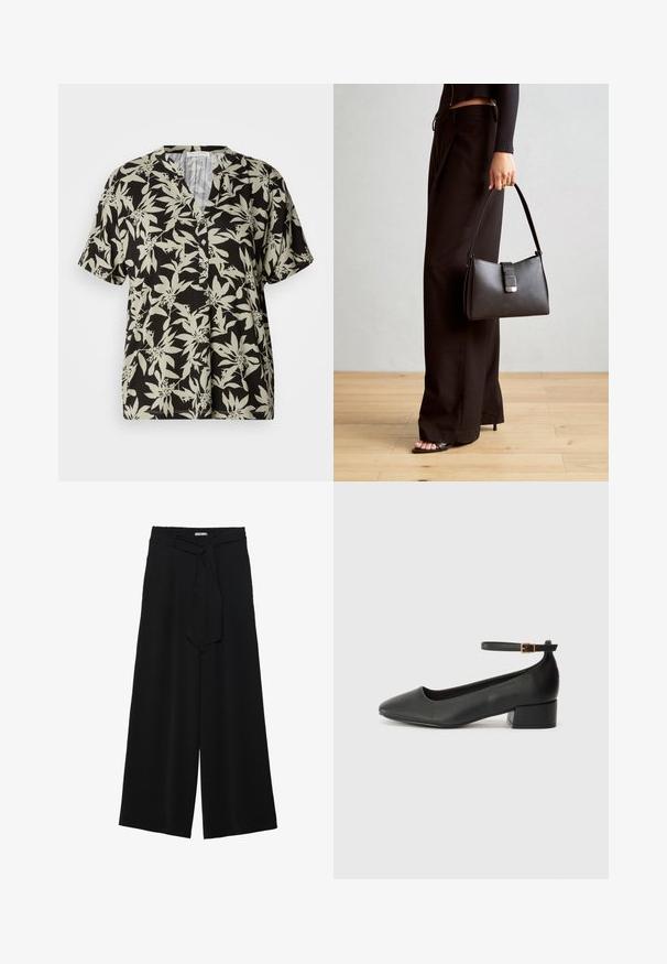 Melnas īsām piedurknēm krekls ar gaiši zaļu ziedu rakstu, ar V veida kakla izgriezumu un pogu detaļu. Izgatavots no mīkstas auduma ar brīvu piegriezumu.; Melni platleņķa bikses ar teksturētu audumu, elastīgu jostu un noņemamu siksnu viduklī, kas nodrošina regulējamu piegulšanu.; Melnas ādas sūkņi ar smailu purngalu un zemu bloku papēdi. Iezīmēts ar potītes siksniņu ar zelta krāsas sprādzi. Gluda tekstūra.; Melnā somiņa ar strukturētu formu, gludu tekstūru un metālu sprādzi. Saskaņota ar platām melnām biksēm un sandālēm ar atvērtu purngalu uz koka grīdas.