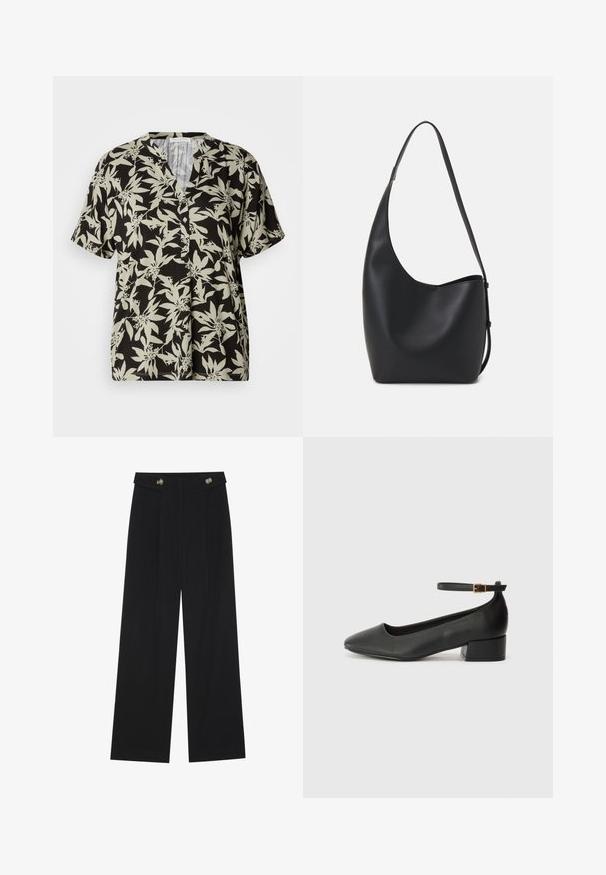Schwarze Kurzarmbluse mit leicht grünem Blumenmuster, V-Ausschnitt und Knopfdetails. Aus weichem Material mit entspanntem Schnitt.; Schwarze weite Hosen mit hoher Taille, Knopfdetails am Bund und vorderen Falten.; Schwarze Lederpumps mit spitzem Zehenbereich und niedrigem Blockabsatz. Mit einem Knöchelriemen und einer goldfarbenen Schnalle. Glatte Textur.; Schwarze Leder-Hobo-Tasche mit einer glatten Textur, geschwungener Form und einem einzelnen verstellbaren Tragegurt; verfügt über eine weite Öffnung am oberen Ende.