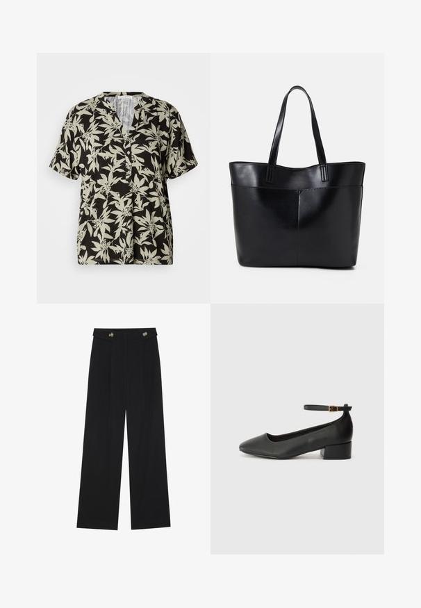 Kortærmet skjorte i sort med lysegrønt blomsterprint, V-hals og knapdetalje. Fremstillet i blødt stof med en afslappet pasform.; Sorte vide bukser med høj talje, knapdetaljer på taljebåndet og frontfald.; Sorte læderpumper med spids tå og en lav blokhæl. Har en ankelrem med en guldfarvet spænde. Glat tekstur.; Sort læder tote taske med to lange håndtag, en glat tekstur og en struktureret form. Har en forlommem for ekstra opbevaring.