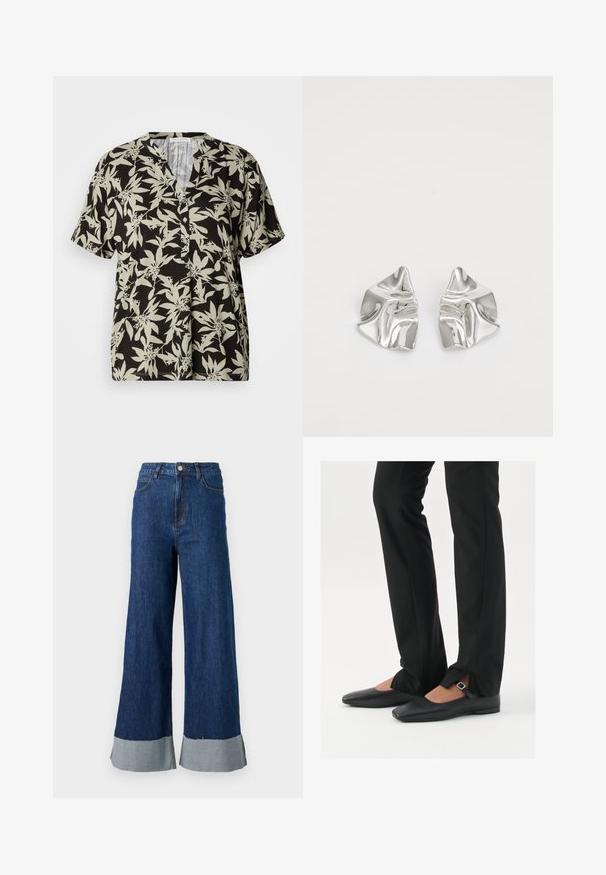 Camicia a maniche corte nera con motivo floreale verde chiaro, scollo a V e dettaglio dei bottoni. Realizzata in tessuto morbido con una vestibilità comoda.; Pantaloni in denim a gamba larga con una tonalità blu scuro, caratterizzati da un risvolto azzurro in contrasto e dal classico design a cinque tasche.; Ballerine in pelle nera con punta appuntita, cinturino con fibbia in argento, abbinate a pantaloni neri su misura con orlo a spacco.; Orecchini in metallo argento con un design ondulato e scultoreo, caratterizzati da una finitura lucida e forme irregolari, che evidenziano un'estetica contemporanea.