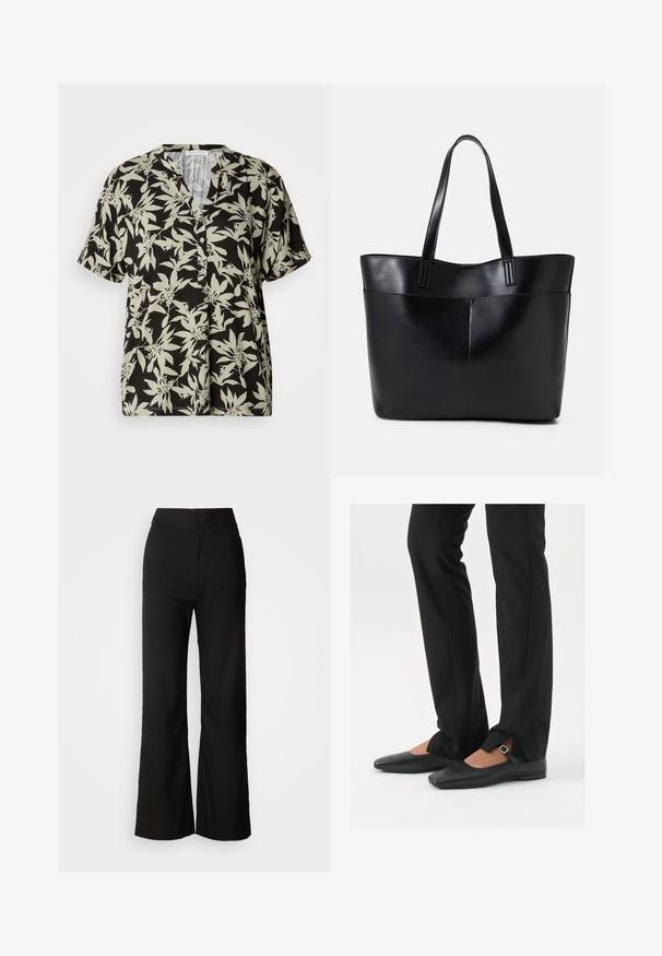 Kortärmad skjorta i svart med ljusgrön blommönster, V-ringning och knappdetalj. Tillverkad av mjukt tyg med en avslappnad passform.; Svarta vida byxor med en slät textur, hög midja och en enkel design. Inga synliga fickor eller dekorationer.; Svarta läderballetskor med spetsig tå, rem med silverspänne, kombinerade med svarta skräddarsydda byxor med slitsar i fållen.; Svart läder tote-väska med två långa handtag, en slät yta och en strukturerad form. Har en framficka för extra förvaring.
