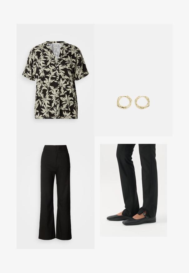 Krátký rukáv košile v černé barvě s světle zeleným květinovým vzorem, V výstřih a detaily s knoflíky. Vyrobena z měkké tkaniny s volným střihem.; Černé kalhoty se širokými nohavicemi, hladkou texturou, vysokým pasem a čistým designem. Bez viditelných kapes nebo ozdob.; Černé kožené baleríny s špičatou špičkou, páskem se stříbrnou sponou, společně s černými kalhotami s úzkým střihem a rozparky na lemech.; Zlaté kruhové náušnice s texturovaným, nepravidelným tvarem. Disponují bezproblémovým uzávěrem a leštěným povrchem, což zdůrazňuje moderní design.