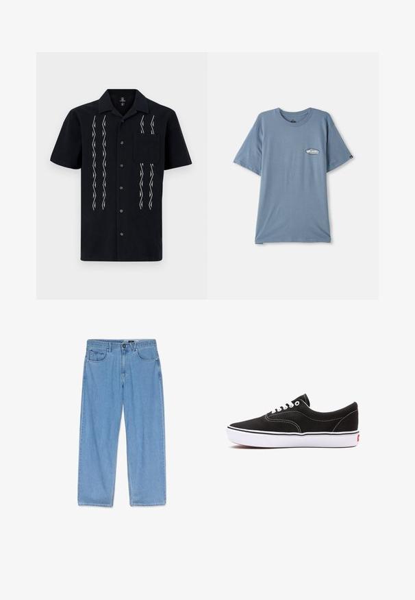 Chemise noire à manches courtes en tissu avec des motifs en zigzag blancs, cinq boutons sur le devant et une poche poitrine.; T-shirt en coton bleu à manches courtes, col ras du cou et petit logo imprimé sur le côté gauche de la poitrine. Texture douce, coupe décontractée.; Jeans en denim bleu clair avec une coupe droite, dotés d'une poche avant, d'une ceinture avec passants et d'une fermeture à un seul bouton.; Baskets en toile noires avec lacets blancs, coutures blanches contrastantes et semelle en caoutchouc blanche. Présente un design bas et un branding subtil.