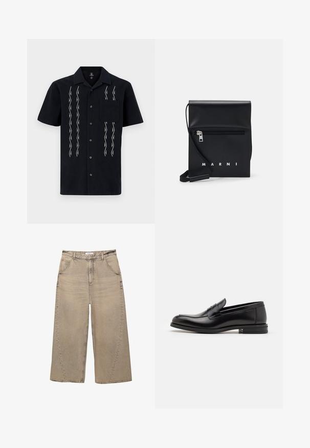 Crna majica kratkih rukava od tkanine s bijelim cik-cak uzorcima, pet dugmadi sprijeda i džepom na prsima.; PULL&BEAR MEGA BAGGY - Vrećaste traperice - light grey; Crni kožni mokasini s glatkom teksturom, zaobljenim prstima i ukrasnom trakom preko prednjeg dijela. Niski slojeviti potplat, minimalistički dizajn.; Crna kožna torba preko tijela s prednjim džepom na zip, utisnutim logotipom i podesivim remenom. Glatka tekstura s oblikom koji zadržava strukturu.