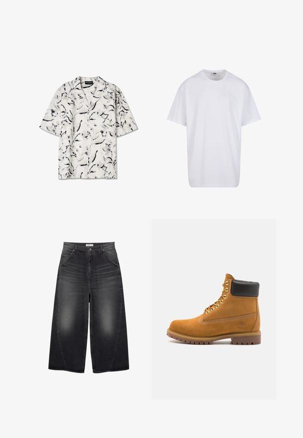 Kratka majica s kratkimi rokavi in odprtim ovratnikom, ki ima belo podlago s črnimi in sivo cvetličnimi vzorci. Lahka tkanina z gumbi.; Bela bombažna majica s kratkimi rokavi, okroglim izrezom, sproščenim krojem in brez vidnih logotipov ali vzorcev. Gladka tekstura in minimalen dizajn.; PULL&BEAR MEGA BAGGY - Vrečaste kavbojke - black; Svetlo rjave anklne čizme iz semiša z črnim oblazinjenim ovratnikom, zlatimi kovinskimi očesci, belimi šivi in robustnim gumijastim podplatom s izrazitimi tredi.
