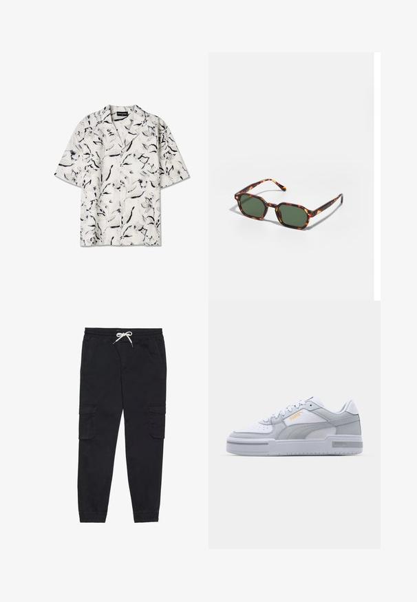 Camisa de manga curta, com colarinho aberto, com base branca e padrões florais em preto e cinza. Tecido leve com detalhes em botão.; Calças cargo pretas em algodão, com um cós elástico e cordão, bolsos laterais e punhos ajustados.; Tênis cinza e branco com cabedal em couro liso, bico perfurado, fechamento com cadarços, detalhes texturizados e um discreto logotipo dourado.; Óculos de sol em padrão tartaruga com lentes verdes, apresentando uma forma octogonal e hastes curvas e finas. O material tem um acabamento brilhante.