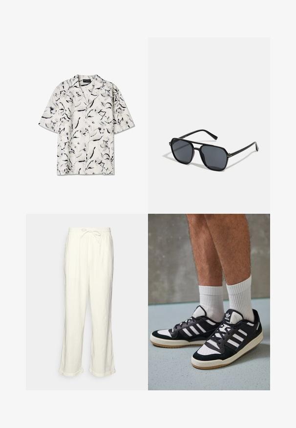 Īsām piedurknēm, atvērtā apkaklītes krekls ar baltu pamatu un melniem un pelēkiem ziedu rakstiem. Viegls audums ar pogām.; Lina bikses off-white krāsā ar saistāmu jostasvietu, nedaudz platām kājām un sarullētām apakšmalām, lai nodrošinātu brīvu piegriezumu. Bez kabatām.; Melnas un baltas kedas ar zamša un ādas augšdaļu, kas aprīkotas ar trim baltām svītrām, perforētu purngali un gumijas zolēm.; Melnas saules brilles ar astoņstūra rāmī, tumšiem stikliem, spīdīgu apdari, plānām kājām un zelta akcentiem priekšpusē.