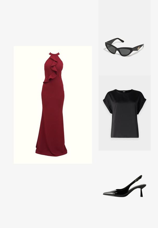 Sort kortærmet top lavet af glat stof med rund halsudskæring og detaljer med rulleærmer. Enkel design uden mønstre eller hardware.; Burgundy halterneck kjole med flæset detalje på siden; tætsiddende silhuet; lavet af glat, strækbart stof; gulvlængde.; Sorte patenterede lædersandaletter med spids tå, udskårne sider, justerbar ankelstrop og en tynd, slank hæl.; Cat-eye solbriller med en mat sort kunststoframme, mørke linser og en guldfarvet logoaccent på stænger. Vinklet design og glat overflade.; Michael Kors håndleddstropp i beige belagt lær med et gentaget MK-logo mønster, guld hardware og en aftagelig kædestrop.