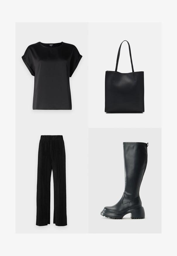 Must mustri särk lühikeste varrukatega, valmistatud siledast kangast, ümar käeauguga ja rullitud varrukate detailidega. Lihtne disain ilma mustrite või tahkeideta.; Must olema lühikeste varrukatega must t-särk ümmarguse kaelusega, valmistatud pehmest puuvillast kangast. Lihtne disain, ilma nähtavate logode või mustriteta.; Mustad pleekitud püksid elastse vöökohtaga. Omavad laiad jalad ja sujuvat, tekstureeritud kangast vertikaalsete triipudega.; Kõrge must nahksaapad, millel on massiivne platvormi tald ja blokk-kand, varustatud tõmbenööriga ja tekstuuriga väljatõmbejääk.; Mustast nahast kott sujuva tekstuuriga, ristkülikukujuline ja kahe pika sangaga. Pole nähtavat riistvara ega kaunistusi.