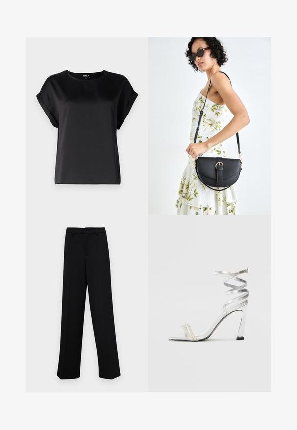 Black short-sleeve top made of smooth fabric with a round neckline and rolled sleeve details. Simple design without patterns or hardware.; Black wide-leg trousers made of smooth fabric, featuring a classic waistband with a button closure and front pleats.; Silver high-heeled sandal with a shiny strap design, featuring a pearl-like accent and a spiraled ankle strap for secure fit.; Black leather handbag with a curved shape, detachable strap, and gold hardware. The bag features a flap with a buckle detail.