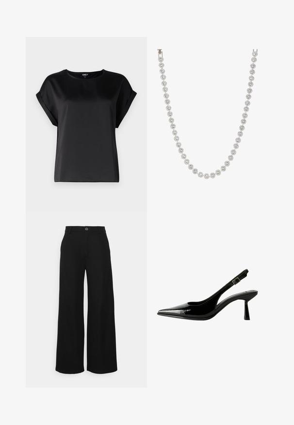 Sort kortærmet top lavet af glat stof med rund halsudskæring og detaljer med rulleærmer. Enkel design uden mønstre eller hardware.; Even&Odd Petite Bukser - black; Sorte patenterede lædersandaletter med spids tå, udskårne sider, justerbar ankelstrop og en tynd, slank hæl.; Sølv halskæde med runde, klare ædelstene sat i et cirkulært design, der alternerer med dekorative metalaccenter, glat tekstur.