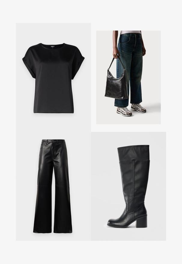 Sort kortærmet top lavet af glat stof med rund halsudskæring og detaljer med rulleærmer. Enkel design uden mønstre eller hardware.; Sorte high-waisted bukser i bred ben i imiteret læder med forreste knap, lynlås, bæltestropper og sidelommer på hvid baggrund.; Knæhøje sorte læderstøvler med blokhæle, glat tekstur og syninger langs siderne. Enkel og moderne design.; Sort læder skuldertaske med en glat tekstur og justerbar skulderrem, parret med faded brede bukser og atletiske sneakers.