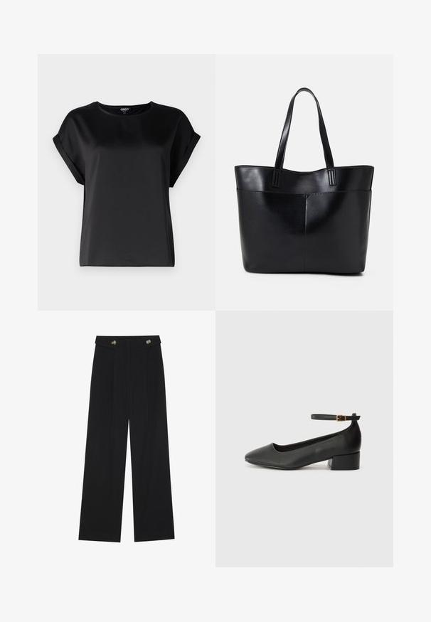 Melnas īsām piedurknēm tops, izgatavots no gludas auduma, ar apaļu kakla izgriezumu un sarullētām piedurknēm. Vienkāršs dizains bez rakstiem vai aksesuāriem.; Melnas platās bikses ar augstu jostasvietu, pogu detaļām uz jostas un priekšējām krokām.; Melnas ādas sūkņi ar smailu purngalu un zemu bloku papēdi. Iezīmēts ar potītes siksniņu ar zelta krāsas sprādzi. Gluda tekstūra.; Melnas ādas iepirkumu soma ar divām garām rokturām, gludu tekstūru un strukturētu formu. Iekļauj priekšējo kabatu papildu uzglabāšanai.