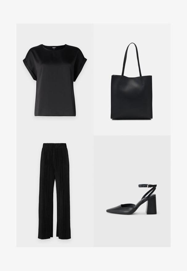 Haut noir à manches courtes en tissu lisse avec un col rond et des détails de manches retroussées. Design simple sans motifs ni accessoires.; Pantalons plissés noirs avec une taille élastique. Présente des jambes larges et un tissu lisse texturé avec des rayures verticales.; Escarpin noir en cuir à bout pointu avec une bride de cheville et un talon épais. Texture lisse, design élégant et esthétique minimaliste.; Sac fourre-tout en cuir noir avec une texture lisse, de forme rectangulaire et deux longues poignées. Pas de matériel ou d'ornementations visibles.
