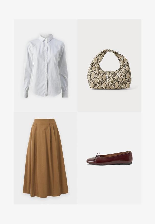Bílá košile na knoflíky vyrobená z hladké bavlny, s klasickým límcem, dlouhými rukávy a zakřiveným spodním lemem. Knoflíky jsou malé a bílé.; Hnědá bavlněná sukně ve stylu A s vysokým pasem, se sklady na přední straně a hladkou texturou. Lemování je čisté a jednoduché.; Burgundské lakové baleríny s kulatou špičkou, malou mašlí vpředu a nízkou černou gumovou podrážkou. Hladký povrch.; Kabelka s hadím vzorem a zakřiveným držadlem. Vyrobena z texturovaných béžových a hnědých materiálů, s charakteristickým diamantovým vzorem.