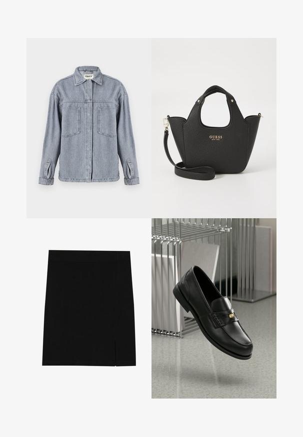 Denimjacka i ljusgrått med krage, framdragkedja, två bröstfickor och uppvikta ärmar. Sliten textur är tydlig.; Svart mini kjol i mjukt tyg med en åtsittande design, utrustad med en liten slits på sidan för extra detalj.; Svarta läderloafers med en slät yta, prydda med ett dekorativt band och en liten guldfinish. Sulan är platt med en rundad tå.; Svart texturerad handväska med korta handtag och avtagbar axelrem. Har en gold logotypdetalj. Kompakt, strukturerad form.