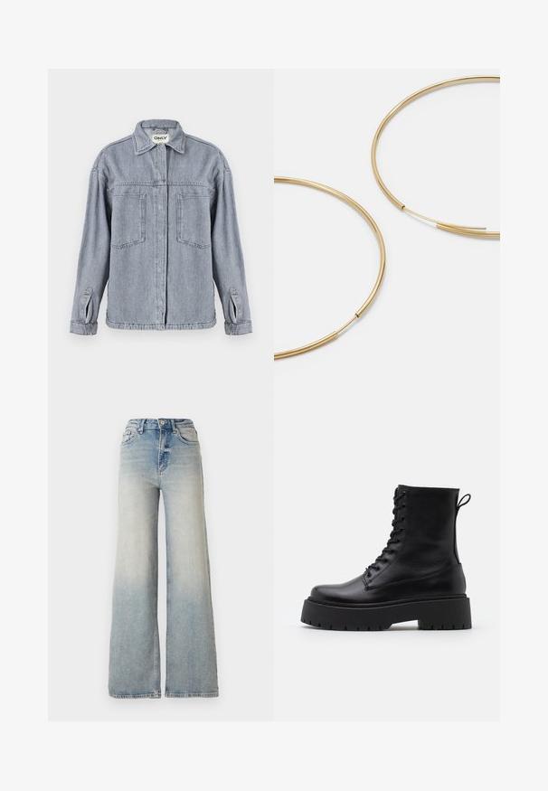 Giacca in denim grigia chiara con colletto, chiusura frontale con zip, due tasche sul petto e maniche arrotolate. Texture invecchiata evidente.; Jeans ampi di colore blu chiaro in denim, con vita alta, cinque tasche e cuciture visibili lungo le cuciture.; Stivaletti in pelle nera alla caviglia con punta rotonda, lace-up frontale e suola in gomma spessa con battistrada textured. Tassello sul retro.; Orecchini a cerchio color oro, sottili e rotondi, con una finitura metallica liscia e senza decorazioni o motivi.