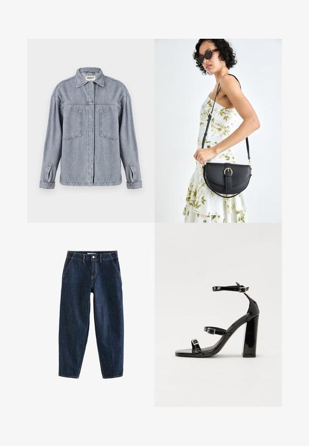 Jeansjacke in hellgrau mit Kragen, vorderem Reißverschluss, zwei Brusttaschen und hochgerollten Ärmeln. Abgenutzte Textur ist offensichtlich.; Dunkelblaue Denim-Hosen mit lockerer Passform, fünf Taschen, Knopfverschluss und sichtbaren Steppnähten.; Schwarze patentierte Sandalen mit Absatz, quadratischer Spitze, Knöchelriemen und silbernen Schnallen. Mit einem stabilen Blockabsatz für mehr Stabilität.; Schwarze Lederhandtasche mit geschwungener Form, abnehmbarem Tragegurt und goldenen Beschlägen. Die Tasche verfügt über einen Deckel mit einer Schnallen-Details.