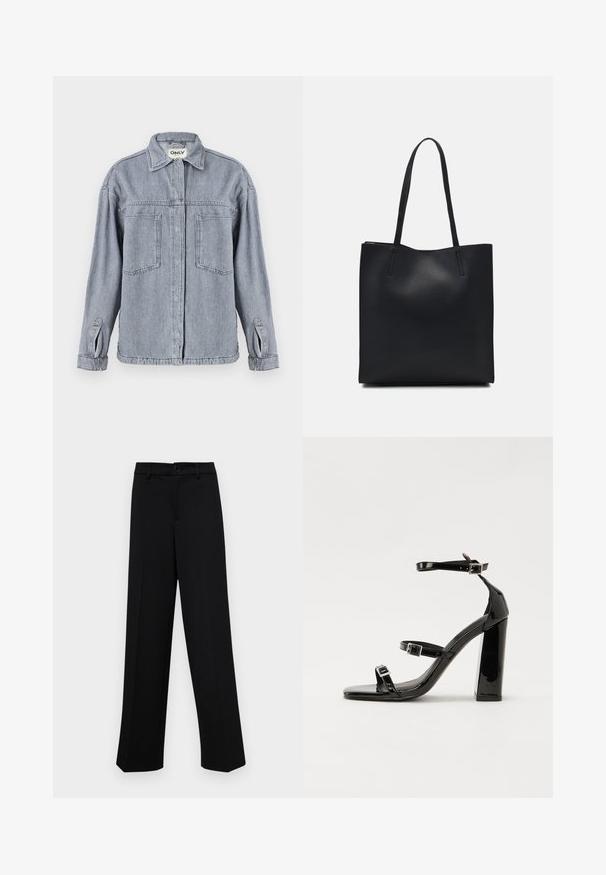 Denim jacket in light gray with a collared neckline, front zip closure, two chest pockets, and roll-up sleeves. Distressed texture evident.; Black wide-leg trousers made of smooth fabric, featuring a classic waistband with a button closure and front pleats.; Black patent heeled sandals with a square toe, ankle straps, and silver buckles. Features a chunky block heel for stability.; Black leather tote bag with smooth texture, rectangular shape, and two long handles. No visible hardware or embellishments.