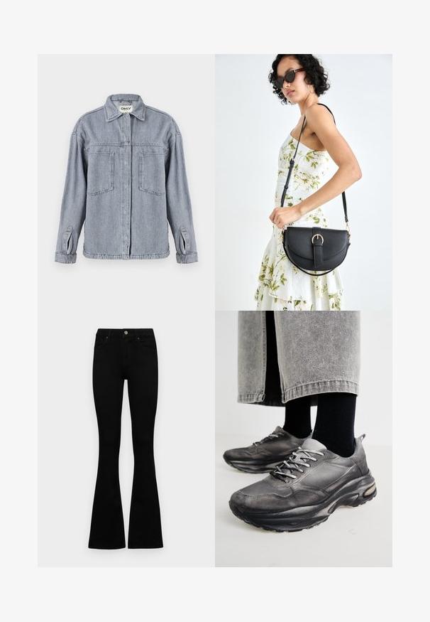 Denim jacket in light gray with a collared neckline, front zip closure, two chest pockets, and roll-up sleeves. Distressed texture evident.; Black high-waist jeans with a button and zip closure, front pockets, and flared legs laid flat on a white background.; Black and gray athletic shoes feature a mesh upper, thick soles, and laces. They have a rounded toe and visible cushioning detail.; Black leather handbag with a curved shape, detachable strap, and gold hardware. The bag features a flap with a buckle detail.