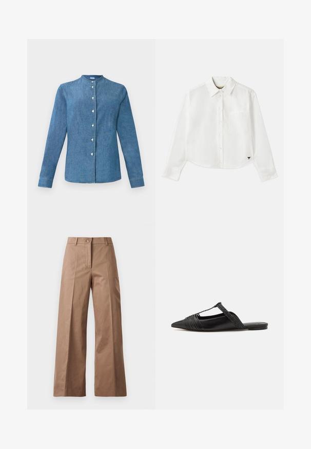 Sininen farkkupaita pitkällä hihalla, jossa on bändikaulus ja valkoiset napit edessä.; Valkoinen lyhytcroppinen pitkähihainen paita, joka on valmistettu puuvillasta. Siinä on nappisuljenta edessä, rintatasku ja pieni musta logo vasemmassa alakulmassa.; Ruske leve-legged hlače iz gladkega materiala, z sprednjim gumbom, dvema sprednjima žepoma in čistimi, krojenimi linijami.; Musta nahkasandaali, jossa on terävä kärki, somistettuna kudotulla yksityiskohdalla ja pleatatuilla yläosilla. Litteä pohja, jossa on vähäisiä tarvikkeita.