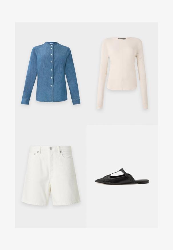 Modrá džínsová košeľa s dlhým rukávom, so stojatým golierom a bielymi gombíkmi na prednej strane.; Dlhý rukáv, svetlo béžový top s okrúhlym výstrihom. Vyrobený z mäkkej látky, má stredový šev a mierne zakrivený spodný okraj. Bez viditeľného hardvéru.; Biele riflové šortky so rovnými nohavicami, päťbúchovým dizajnom, predným zapínaním na gombík, strieborným kovovým príslušenstvom a prešitými detailmi.; Čierne kožené sandále so špičatou špičkou, ktoré majú tkaný detail a zborený dizajn vrchnej časti. Plochá podrážka s minimálnym hardvérom.