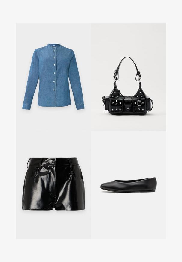 Chemise en denim bleu à manches longues avec un col mandarin et des boutons blancs sur le devant.; Shorts noirs et brillants en matériau synthétique. Présentent une taille ajustée, des passants de ceinture et des poches avant avec des détails de couture prononcés.; Paul Smith TOPANGA - Ballerines - black; Sac à main en cuir noir au design courbé, avec des clous en argent, une boucle et deux poches latérales. Bandoulière réglable pour différentes options de transport.