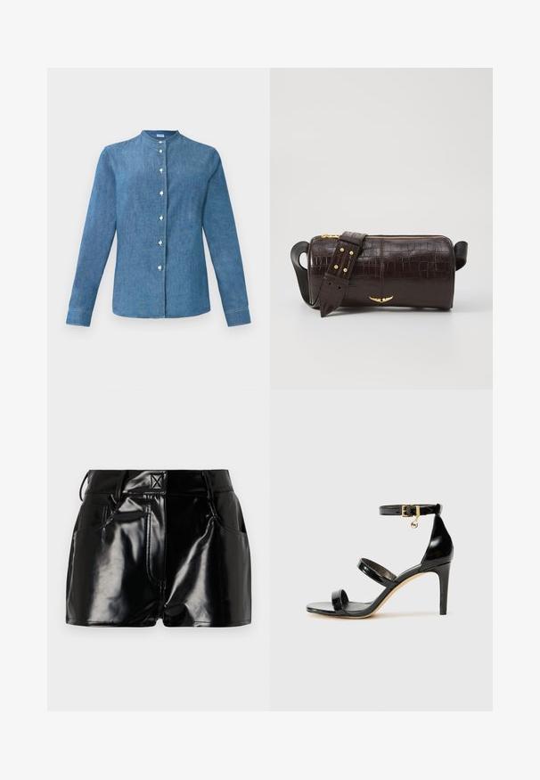 Blue denim long-sleeve shirt with a band collar and white buttons down the front.; Black, glossy shorts made of synthetic material. Features a fitted waist, belt loops, and front pockets with prominent stitching details.; Black patent leather sandal with three straps, ankle buckle, and 4-inch stiletto heel. Features gold hardware detail and logo charm.; Brown crocodile-embossed leather bag with a cylindrical shape, gold-tone hardware, and a detachable strap featuring studs.