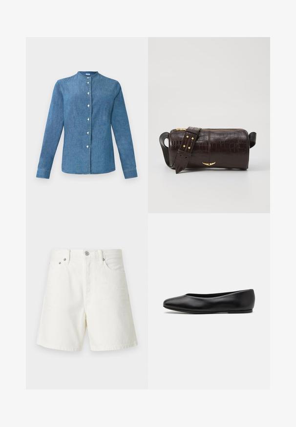 Blue denim long-sleeve shirt with a band collar and white buttons down the front.; White denim shorts with a straight cut, five-pocket design, front button closure, silver hardware, and stitched detailing.; Paul Smith TOPANGA - Ballet pumps - black; Brown crocodile-embossed leather bag with a cylindrical shape, gold-tone hardware, and a detachable strap featuring studs.