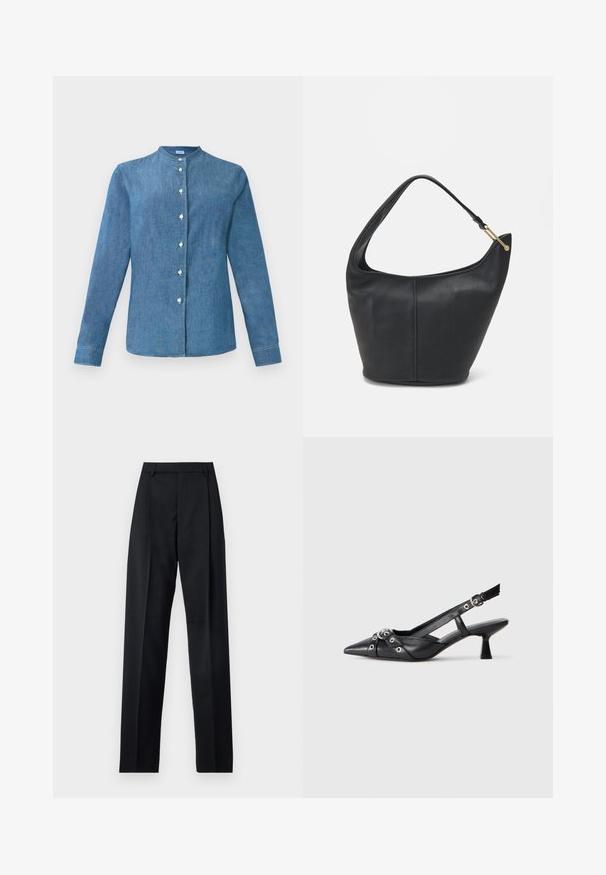 Modrá džínsová košeľa s dlhým rukávom, so stojatým golierom a bielymi gombíkmi na prednej strane.; Čierne nohavice vyrobené z hladkej látky s vysokým pásom, širokými nohavicami, prednými záhybmi a klasickými pútkami na opasok. Žiadne bočné vrecká nie sú viditeľné.; Čierne kožené slingback topánky s špicatou špičkou, ozdobnými popruhmi s kovovými očkami a nízkym blokovým podpätkom. Textúrovaný povrch.; Čierna kožená kabelka zaobleného tvaru, so širokým popruhom a textúrovaným povrchom. Obsahuje jemný šev a zlaté kovanie.