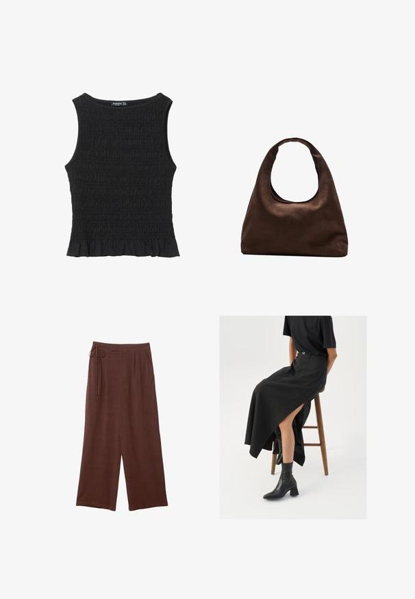 Schwarzes ärmelloses Top mit geraffter Textur, Rundhalsausschnitt und weit auslaufendem Saum. Der Stoff ist weich und elastisch. Keine sichtbaren Hardwareteile oder Muster.; Braune weite Hosen mit Gummi- und Kordelzugbund, die Falten und eine weiche Textur aufweisen, gefertigt aus leichtem Material.; Schwarzer Leinen-Maxi-Rock mit hohem Schlitz, getragen mit einem schwarzen T-Shirt und schwarzen Knöchelstiefeln. Minimalistisches Design mit lockerer Passform.; Weiche braune Hobo-Stil Handtasche mit einem einzigen breiten Trageriemen und einer geschwungenen Oberteilöffnung, auf einem weißen Hintergrund präsentiert.