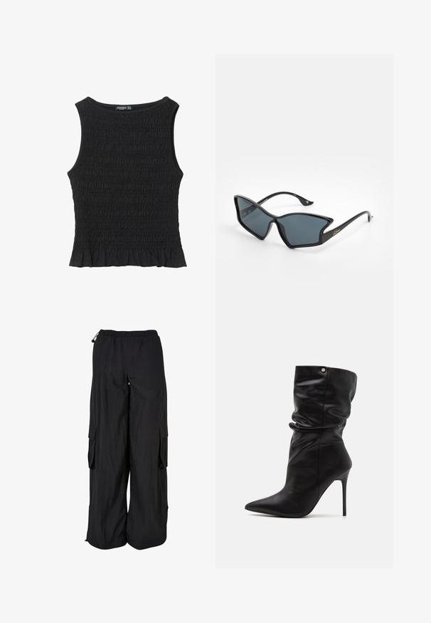 Črn brezrokavnik s nabranimi teksturami, okroglo ovratnikom in razširjenim robom. Tkanina je mehka in raztegljiva. Brez vidne opreme ali vzorcev.; Črne cargo hlače z elastičnim pasom, ohlapen kroj, lahek material, stranske žepe in subtilno teksturirano površino.; Even&Odd Wide Fit Gležnjarji z visoko peto - black; Črne plastične sončne očala z geometrijsko obliko mačjih oči, s sivimi lečami in zlatimi detajli na ročajih. Gladka tekstura celotnega okvirja.; Črna torbica z teksturirano površino, z dvema zgornjima ročajema, odstranljivo naramnico, embosiranim logotipom in zlatimi dodatki.