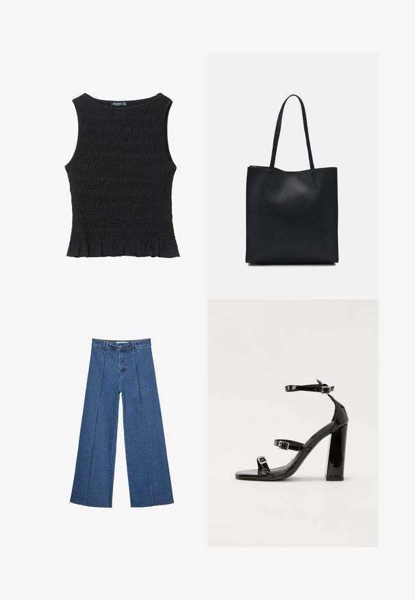Svart ärmlös topp med rynkad textur, rund halslinning och utsvängd kant. Tyget är mjukt och elastiskt. Inga synliga detaljer eller mönster.; Vidbenade denimjeans i medelblått, med hög midja, knäppning och kontrasterande vertikala sömdetaljer längst fram.; Svarta lackerade klacksandaler med fyrkantig tå, ankelremmar och silverfärgade spännen. Har en kraftig blockklack för stabilitet.; Svart lädertoffelväska med slät textur, rektangulär form och två långa handtag. Ingen synlig hårdvara eller dekorationer.