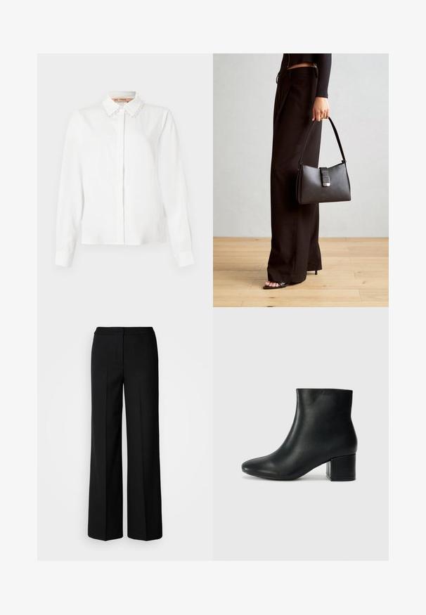 Bela bluza z dolgimi rokavi z ovratnikom okrašenim s perlicami, skritimi sprednjimi gumbi in oblikovanimi manšetami na enobarvni podlagi.; Črne široke hlače iz gladkega materiala, z visokim pasom, krojenimi šivi in minimalističnim dizajnom. Brez vidnih zakov ali žepov.; Črne usnjene gležnjarje s koničastim nosom in debelim peto. Gladka tekstura z minimalnimi detajli in eleganten, prilegajoč dizajn.; Črna torbica z strukturirano obliko, gladko teksturo in kovinskim zaponko. Ujemajo se z širokimi črnimi hlačami in odprtimi sandali na lesenem tleh.