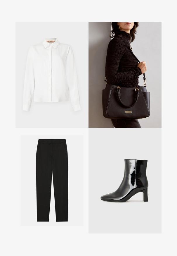 White long-sleeve blouse with pearl-embellished collar, hidden front buttons, and tailored cuffs on a plain background.; Black trousers with a tailored design, featuring side pockets and a straight leg. Made from smooth, lightweight fabric with a sleek finish.; Black patent leather ankle boot with a pointed toe and a mid-height block heel. Smooth texture and minimalist design.; Black handbag with textured surface, dual top handles, and adjustable shoulder strap. Features gold-tone hardware and side pockets.