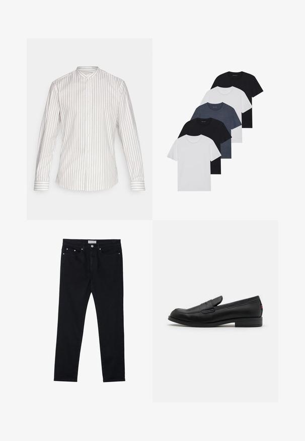 Langermet skjorte i et lys beige og hvitt vertikalt stripemønster. Har stå-høyde krage og knapplukking med matchende mansjetter.; Sett av fem t-skjorter i svart, hvit og marineblå. 100% bomull, kortermet, rund halsdesign og ensfarget uten mønstre.; Sorte denimjeans med rette ben, fem lommer, metallnagler og knappestolpe. Myk tekstur med lett stretch.; Sorte lærlofter med en glat overflade, rund tå og en lille dekorativ flap. Har en lav stablet hæl og diskret brandingdetalje.