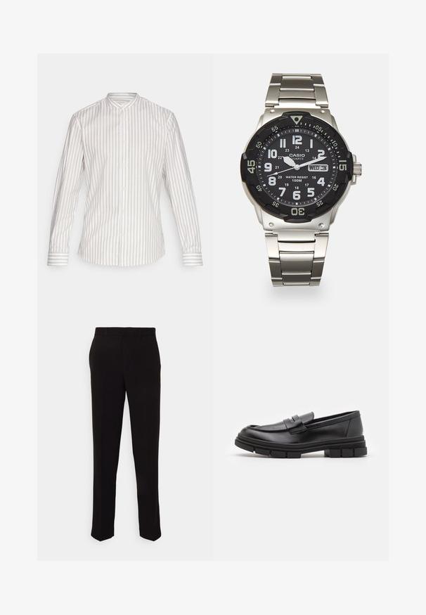 Camisa de manga comprida em padrão listrado vertical nas cores bege claro e branco. Apresenta um colarinho de pé e fecho de botão com punhos a condizer.; Duas blusas sem mangas: uma branca e uma cinza claro. Ambas têm um design suave e ajustado com um decote redondo. A etiqueta diz "YOURTURN."; Calças pretas de corte reto, com uma textura suave e sem padrões ou adereços visíveis. Design clássico com uma silhueta limpa.; Mocassins de couro preto com um acabamento liso, apresentando um detalhe de tira na parte frontal e uma sola de borracha robusta com acabamentos estriados.; Relógio de quartzo metálico com mostrador preto, números brancos e display de data. Apresenta uma pulseira de aço inoxidável e resistência à água de 100m.