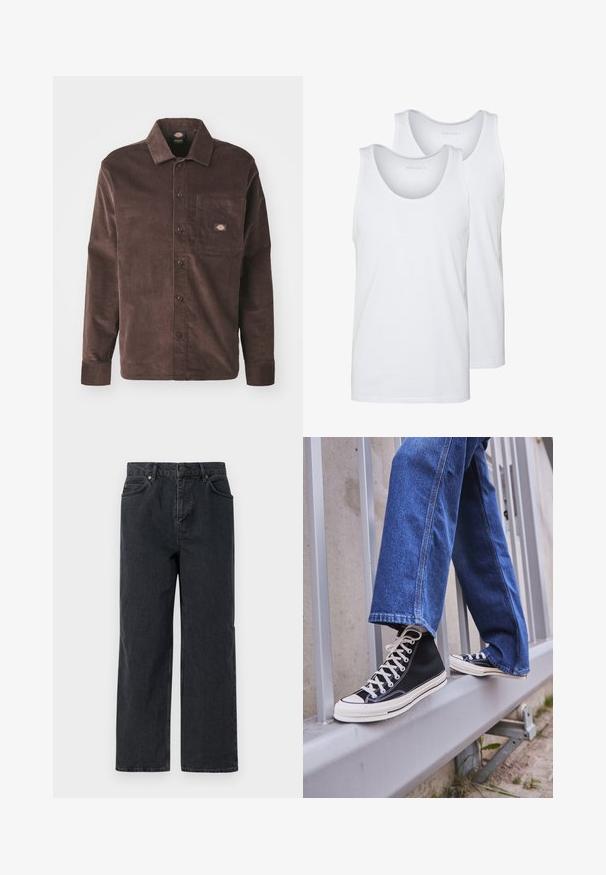 Dickies Ing - chocolate brown; Fehér pamut ujjatlan pólók lekerekített nyakkivágással, sima textúrával. Két darab kiállítva, "PIER ONE" felirattal.; Sötétkék farmernadrág széles lábakkal, öt zsebes kialakítással és gombos záródással. Rézszínű kiegészítők és finom textúra jellemzi.; Fekete magasszárú sportcipők fehér talppal és fűzővel, laza kék farmernadrággal párosítva, egy szürke korlát tetején pihenve.
