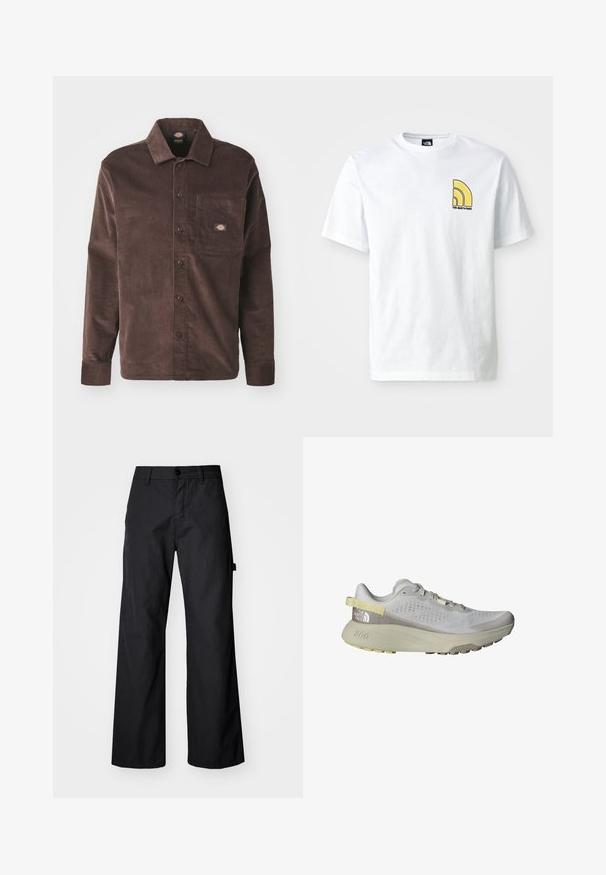 Dickies Camicia - chocolate brown; T-shirt bianca in cotone con collo rotondo, dotata di un logo giallo e nero sul lato sinistro del petto. Maniche corte e design a vestibilità standard.; Pantaloni neri a gamba larga realizzati in un tessuto durevole. Presentano una chiusura con bottone e tasche laterali. Texture liscia con un design pulito.; The North Face ALTAMESA 300 - Scarpe da trail running - glacier gray/soapstone