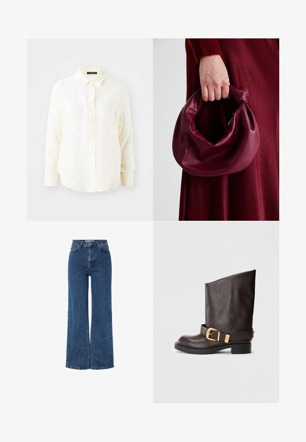 Košeľa s dlhým rukávom v krémovej farbe s golierom na gombíky, so svetlou textúrou a rozptýlenými striebornými bodkami.; Dámske džínsové nohavice s vysokým pásom v modrej farbe a širokými nohami, s tradičným dizajnom piatich vreciek, kovovým zapínaním a kontrastným šitím.; Tmavo hnedá kožená čižma po členky s čiernou podrážkou, nízkym podpätkom a dekoratívnym zlatým prackovým pásom okolo členka, zobrazená zo strany.; Burgundská kožená kabelka s mäkkým, zhromaždeným dizajnom a zaobleným tvarom. Rukoväť je pevne zaisťujúca a vystavuje hladkú textúru.