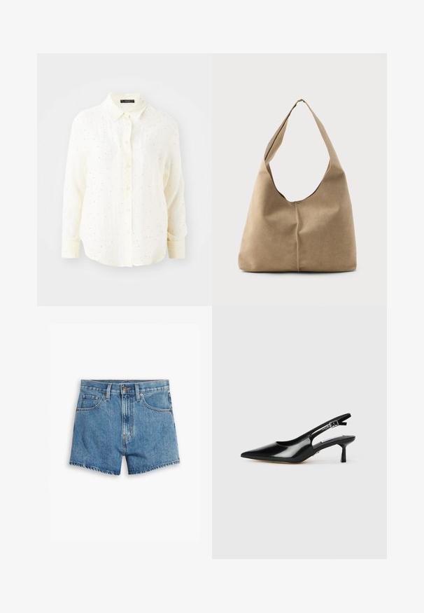 Srajca z dolgimi rokavi v kremni barvi z ovratnikom na gumbe, ki ima lahko teksturo in razpršene srebrne pikice.; Jeans kratke hlače v svetlo modri barvi, z povezavami za pet žepov, zadrgo in gumbom. Rob je razfrcan, oblikovane so v sproščenem kroju.; Črne patentne usnjene slingback pete s koničastim nosom, tankim petam in nastavljivim trakcem z zaponko. Gladka tekstura z minimalnimi detajli.; Hobo torba iz mehkega bež nubuka z ohlapno obliko, širokim ramenskim trakom in ročno šivanim šivom po sprednji strani.