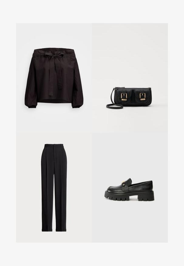 Fekete cropped top, megkötős derékkal, elöl megkötéssel és rugalmas mandzsettákkal. Könnyű anyagból készült, sima textúrával.; Fekete, testre szabott nadrág magas derékkal, elöl redőkkel, egyenes láblineáris kialakítással és halkézével. Sima anyagból készült.; Fekete bőr loaferek masszív talppal, elöl arany színű díszítéssel és sima felülettel. A talpon vastag mintázat található.; Fekete bőr keresztbody táska két elülső zsebbel, arany csattokkal, cipzáras záródással és vékony pánttal. Textúrált felület és kompakt téglalap alak.