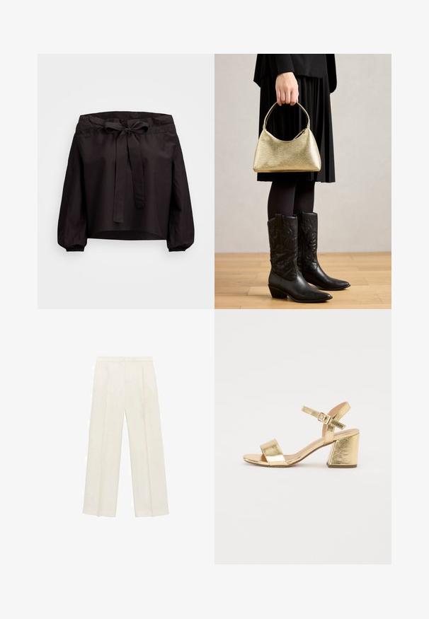 Črn kratki top s cinčanjem v pasu, z nagubanjem spredaj in elastičnimi manšetami. Narejen iz lahkega blaga z gladko teksturo.; Hlače širokih nogavic v svetli kremni barvi. Narejene iz gladkega materiala s plitkimi naborki spredaj in stranskimi žepi.; Zlati kovinski sandali na visoki peti z debelim petom, odprtim nosom in zadrgo okoli gležnja. Gladka tekstura in minimalističen dizajn.; Zlati torbica z strukturo in ukrivljeno obliko ter kratko ročico, jo drži oseba v črnem nabranem krilu in črnih usnjenih kavbojkah.