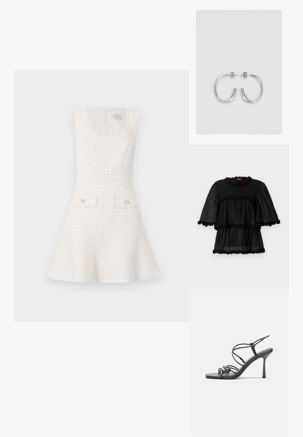 Musthave kerge must bluus, millel on ümmargune kaelus, lühikesed puffvarrukad ja kolm kihti volangide lõikega, kaunistatud lillemustriga.; Valge tweed-kleit laieneva seeliku, ümarate kaelusaukude ja kahe esipocketiga, mis on kaunistatud ümmarguste nuppudega. Tekstuurne, struktureeritud disain.; Mustad musta värvi kontsandaalid on varustatud peente rihmadega, millel on sõlmekujundus, siledad ruudukujulised varbad ja stiilne stilettokonts.; Helehall metallik handbags, millel on kett, kaunistatud väikeste ümmarguste metallist õmblustega ja kolmnurkse brändi logoga.; Hõbedased rõngaskõrvarõngad, millel on sile ja läikiv pind. Ümar kuju, kerge disain, millel on post-tagumise kinnituse süsteem.