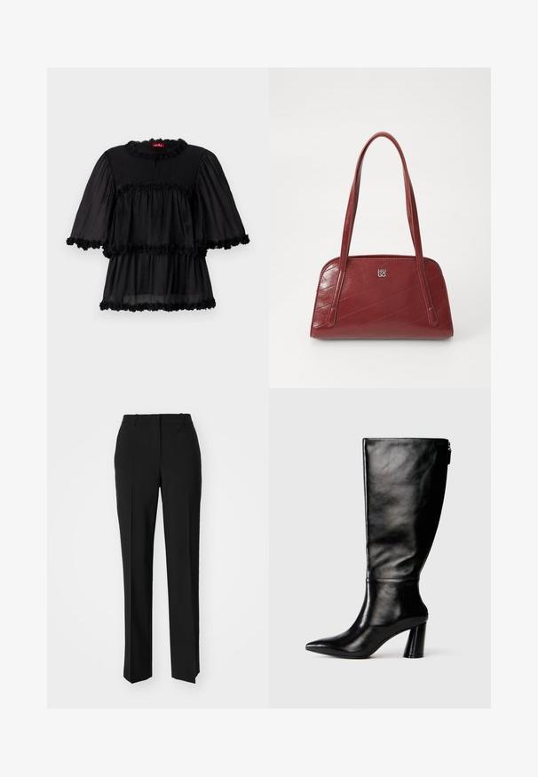 Juodas lengvas palaidinės viršus su apvaliu iškirpimu, trumpomis pūkinėmis rankovėmis ir trimis sluoksniais volanų, papuoštų gėlių apvadu.; Juodi pritaikyti kelnių modeliai su tiesiomis kojomis, pasižyminčios lygiomis tekstūromis ir ryškiomis klostėmis priekyje. Nėra matomų detalių.; Juodai odiniai aukštakulniai batai iki kelių su smailiu nosimi, lygiu paviršiumi ir stambiu kulnu. Yra užtrauktuko detalė gale.; Raudona siuvinėta rankinė, pagaminta iš blizgaus audinio, su dviem ilgomis rankenomis ir sidabriniu logotipu. Įstrižas siuvinėjimas suteikia tekstūrą.