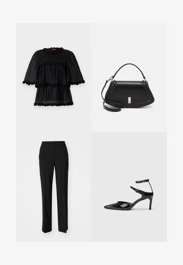 Melna viegla blūze ar apaļu kakla izgriezumu, īsām uzpūstām piedurknēm un trim līmeņu kuplām apdarei ar ziedu ornamenti.; Melnas pielāgotas bikses ar taisnu kāju dizainu, kas raksturojas ar gludu faktūru un asiem krokām pa priekšu. Nav redzamu metāla detaļu.; Melnas lakuotas ādas apavus ar smailu purngalu, regulējamiem potīšu siksniņām un šahtu papēdi. Gluda tekstūra ar spīdīgu apdari.; Melnas ādas roku soma ar struktūru, ar īsu formu, augšējo rokturi un zelta aksesuāriem. Iekļauta regulējama plecu siksna.